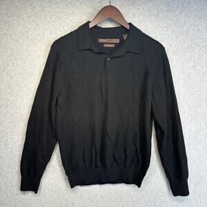 Perry Ellis Sweater Womens Medium Black 100% Merino Wool Short Sleeve Collared